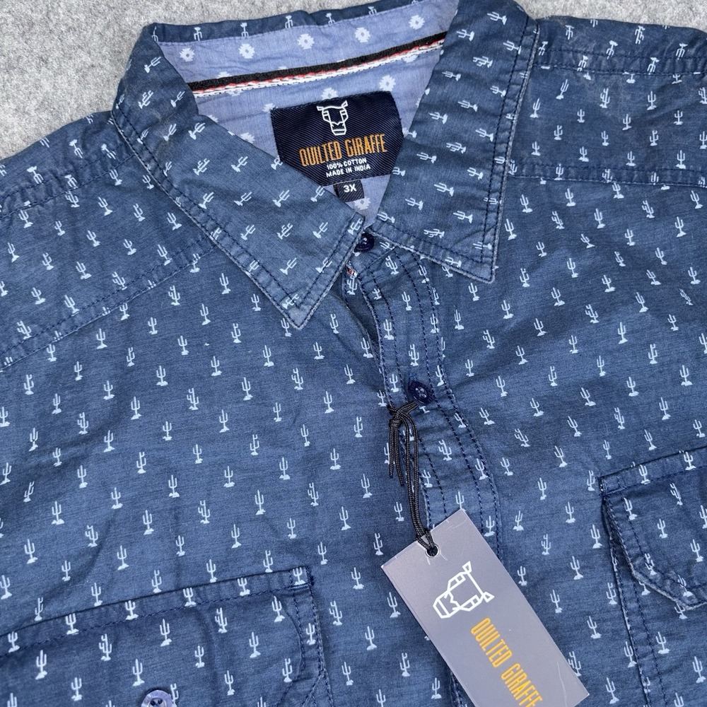 Quilted Giraffe Button Down Shirt Mens 3Xl Blue Roll Tab Sleeve NWT Long Sleeve